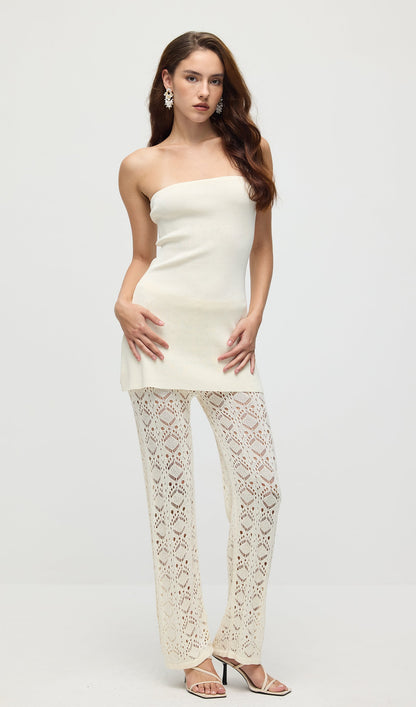 Bandage Knit Top & Crochet Knit Pants In Ivory
