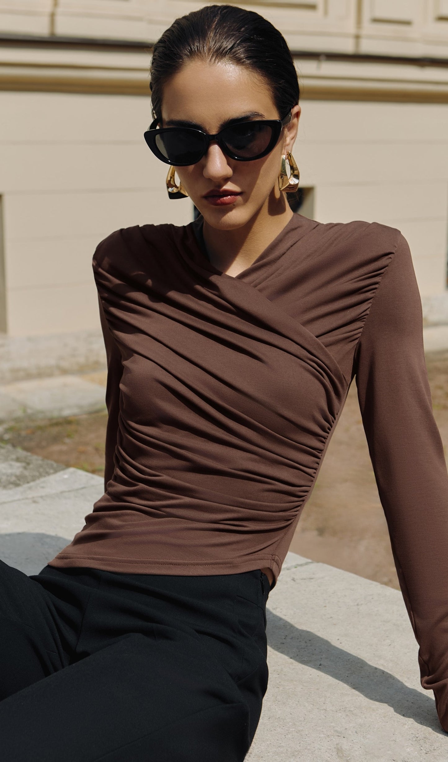 Jersey Long Sleeve Top In Brown