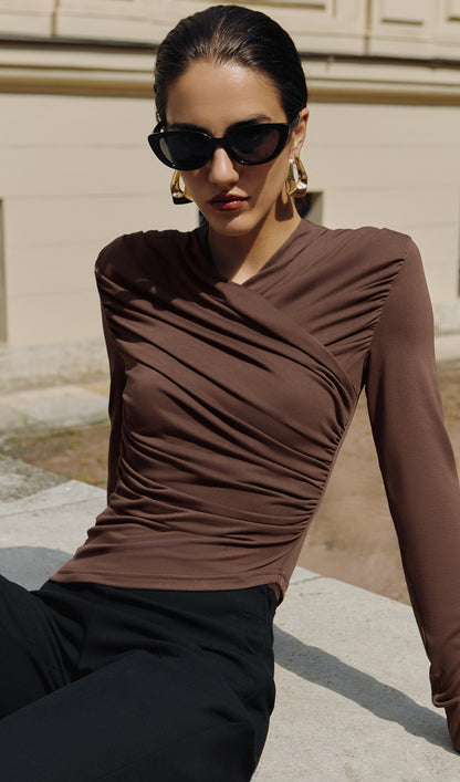 Jersey Long Sleeve Top In Brown