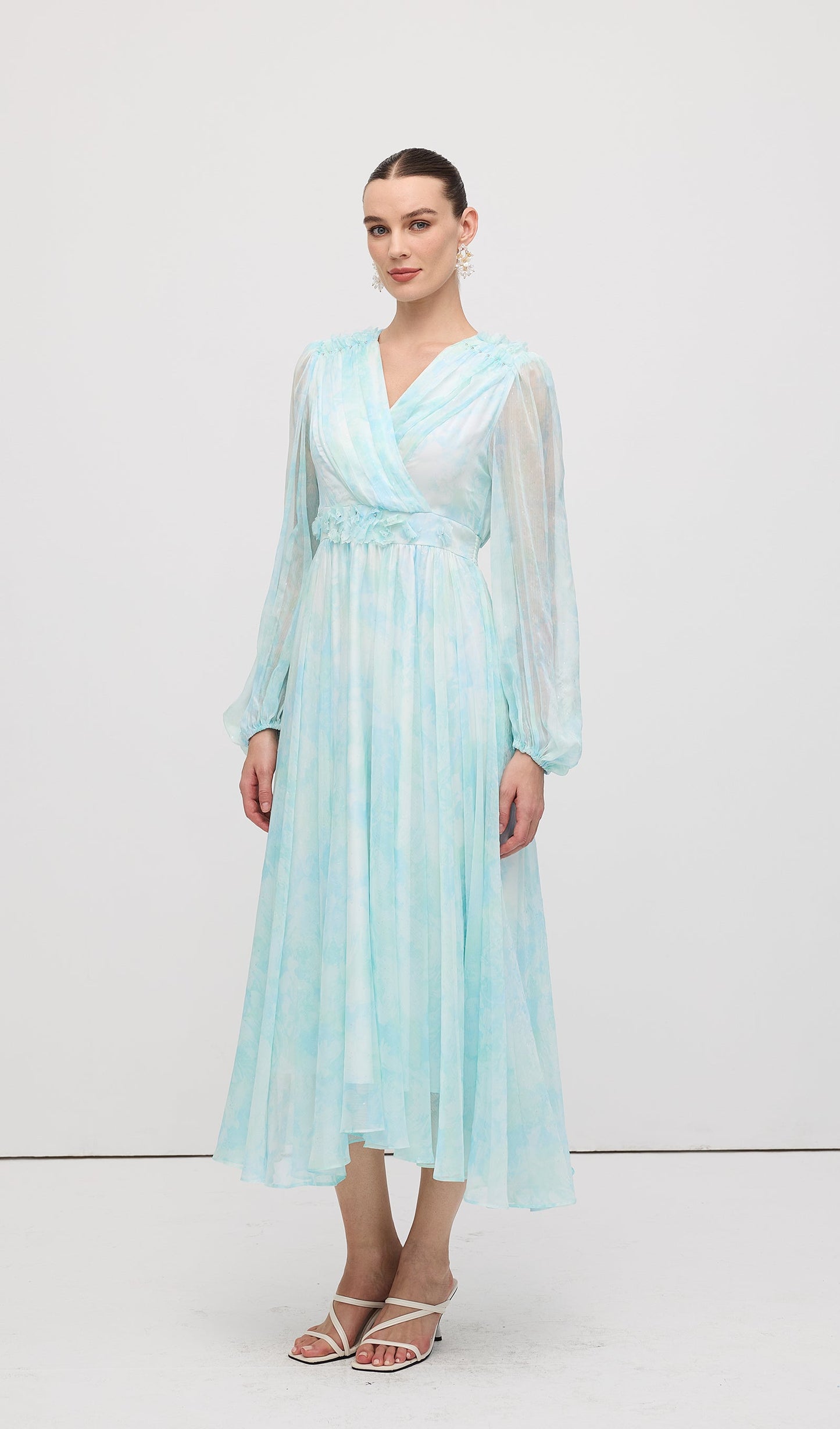 V Neck Ruched Waist Pleated Midi Dress