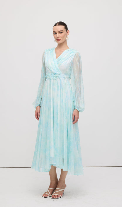 V Neck Ruched Waist Pleated Midi Dress