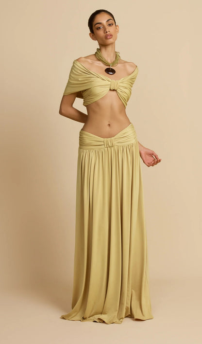 Ruched Top & Maxi Skirt Two Piece Set In Lemon