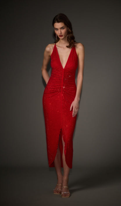 Diamante Ruched Midi Dress In Red