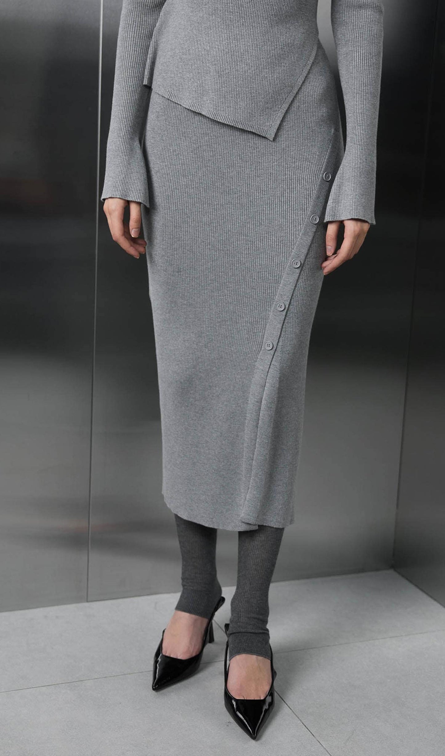 Asymmetrical Top & Maxi Skirt With Side Slit Set Grey