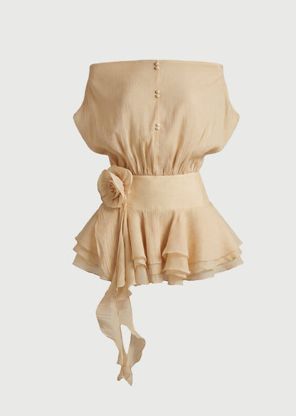 Floral-Appliqué Flounced Mini Dress