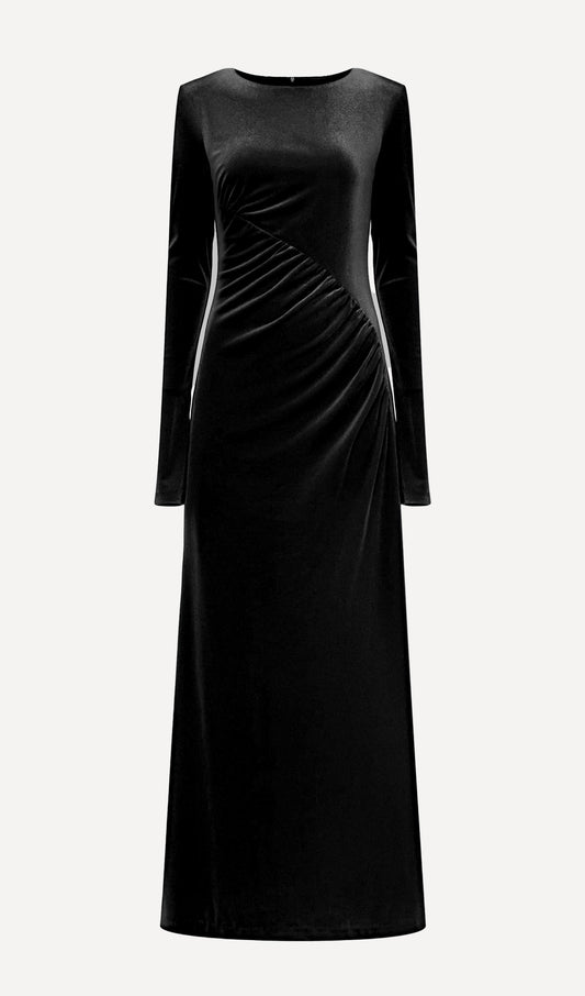 Long Sleeved Gathers  Maxi Dress Black