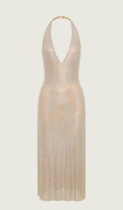 Diamante Halter Midi Dress - Nude