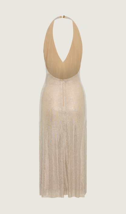 Diamante Halter Midi Dress - Nude