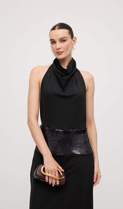 Draped Cowl Neck Open Back Maxi Dress