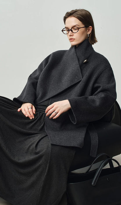 Asymmetrical Woo Cashmere Belted Coat In Grey