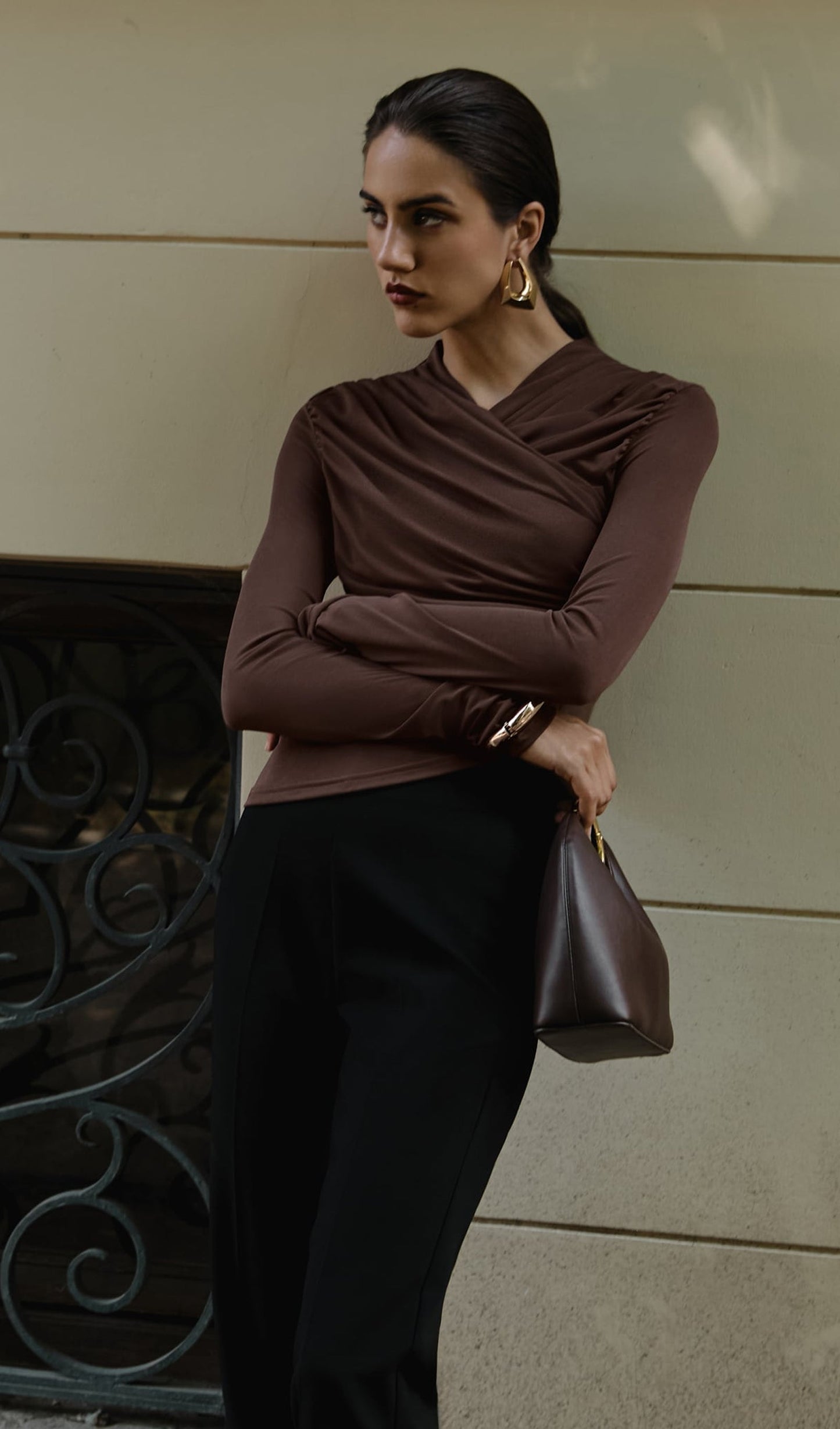 Jersey Long Sleeve Top In Brown