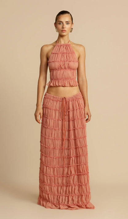 Halter Top & Ruched Detail Maxi Skirt Sets