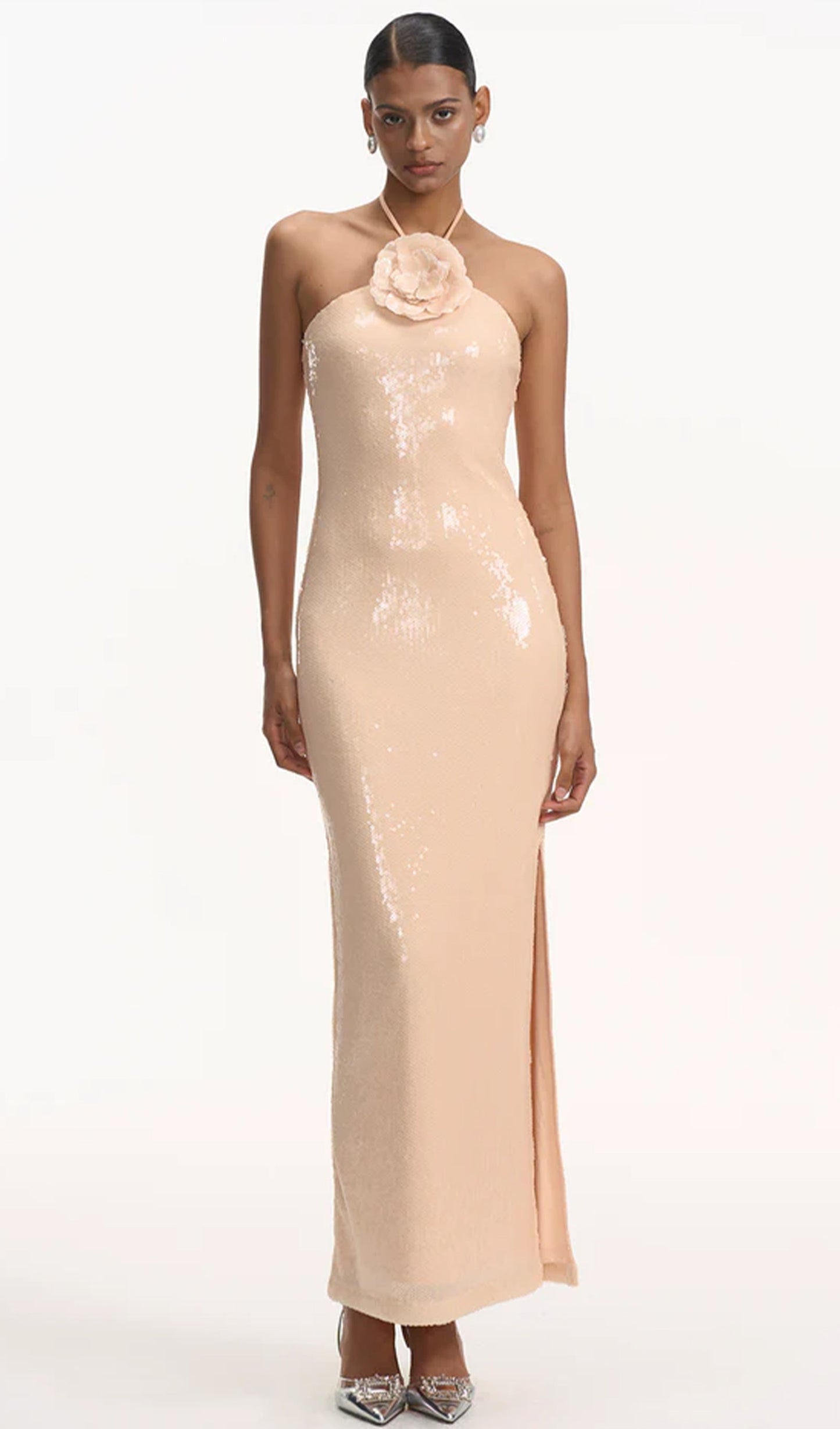 Floral Halter Neck Sequined Maxi Dress