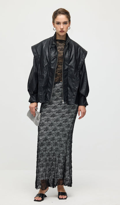 Waisted Lapel Leather Jacket In Black