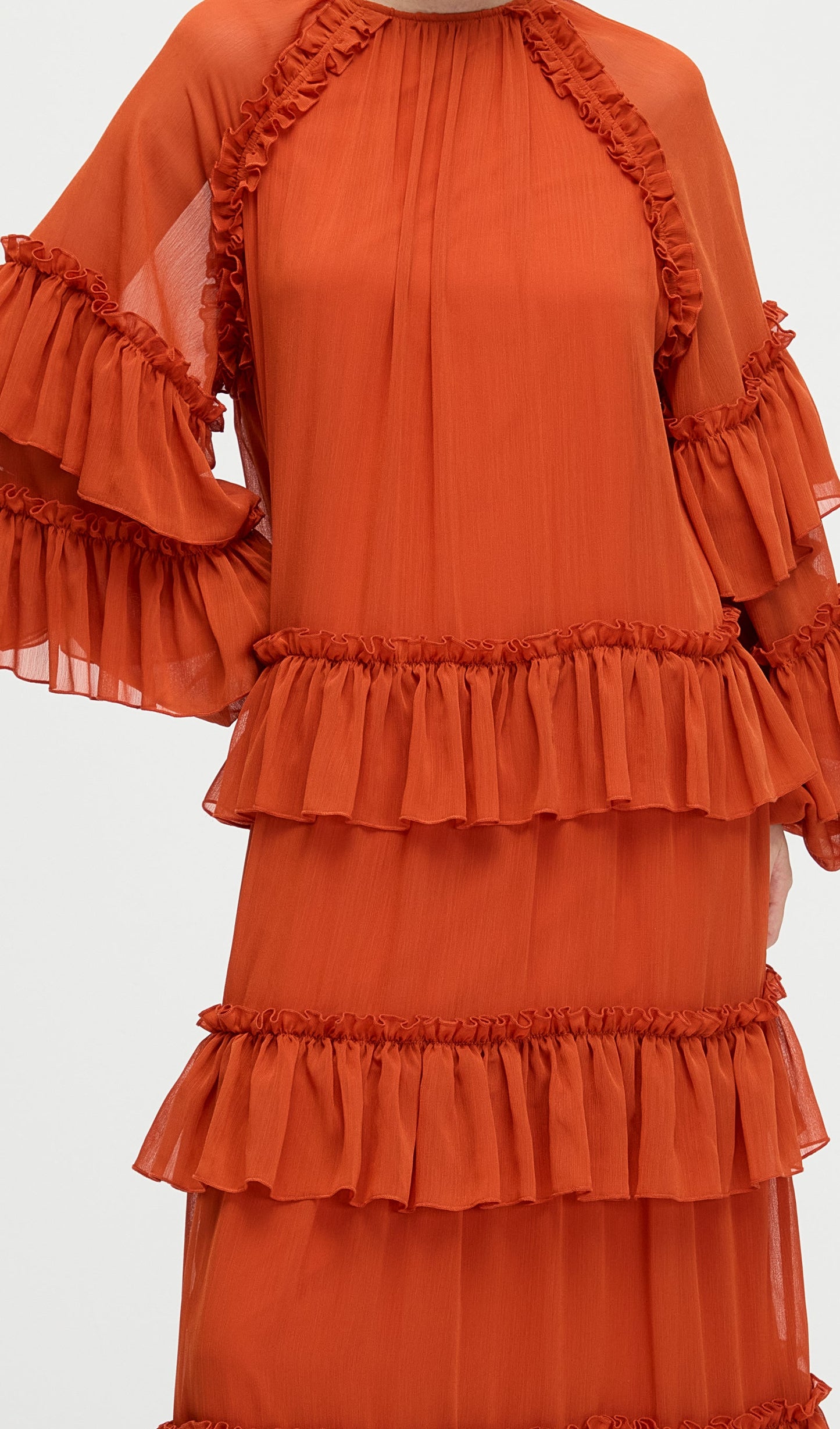 Ruffle Tiered Puff Sleeve Maxi Dress In Orange