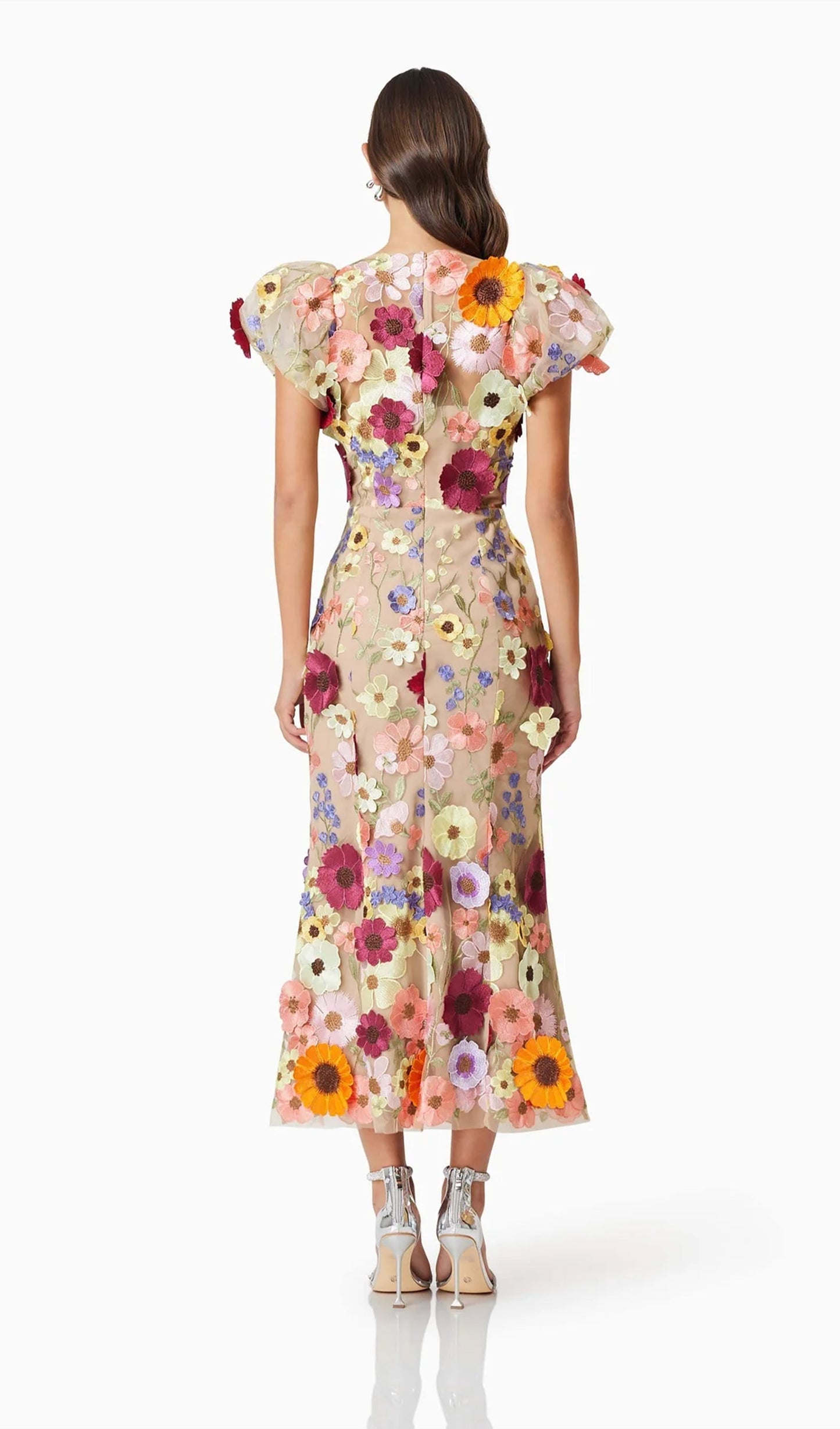 Floral 3D Lace Midi Dress In Apricot
