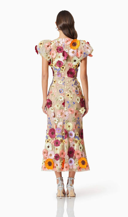 Floral 3D Lace Midi Dress In Apricot