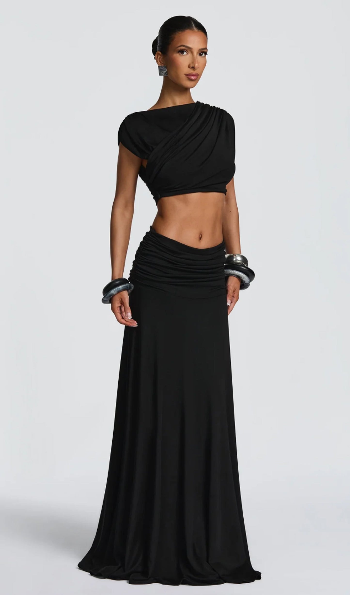 High Boat Neckline & Maxi Drape Skirt Set In Black
