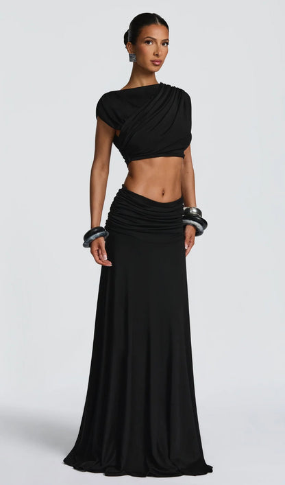 High Boat Neckline & Maxi Drape Skirt Set In Black