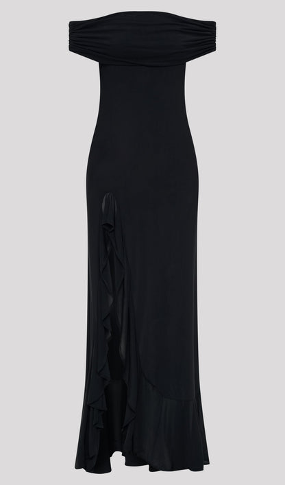 Off Shoulder Mesh Maxi Dress In Black