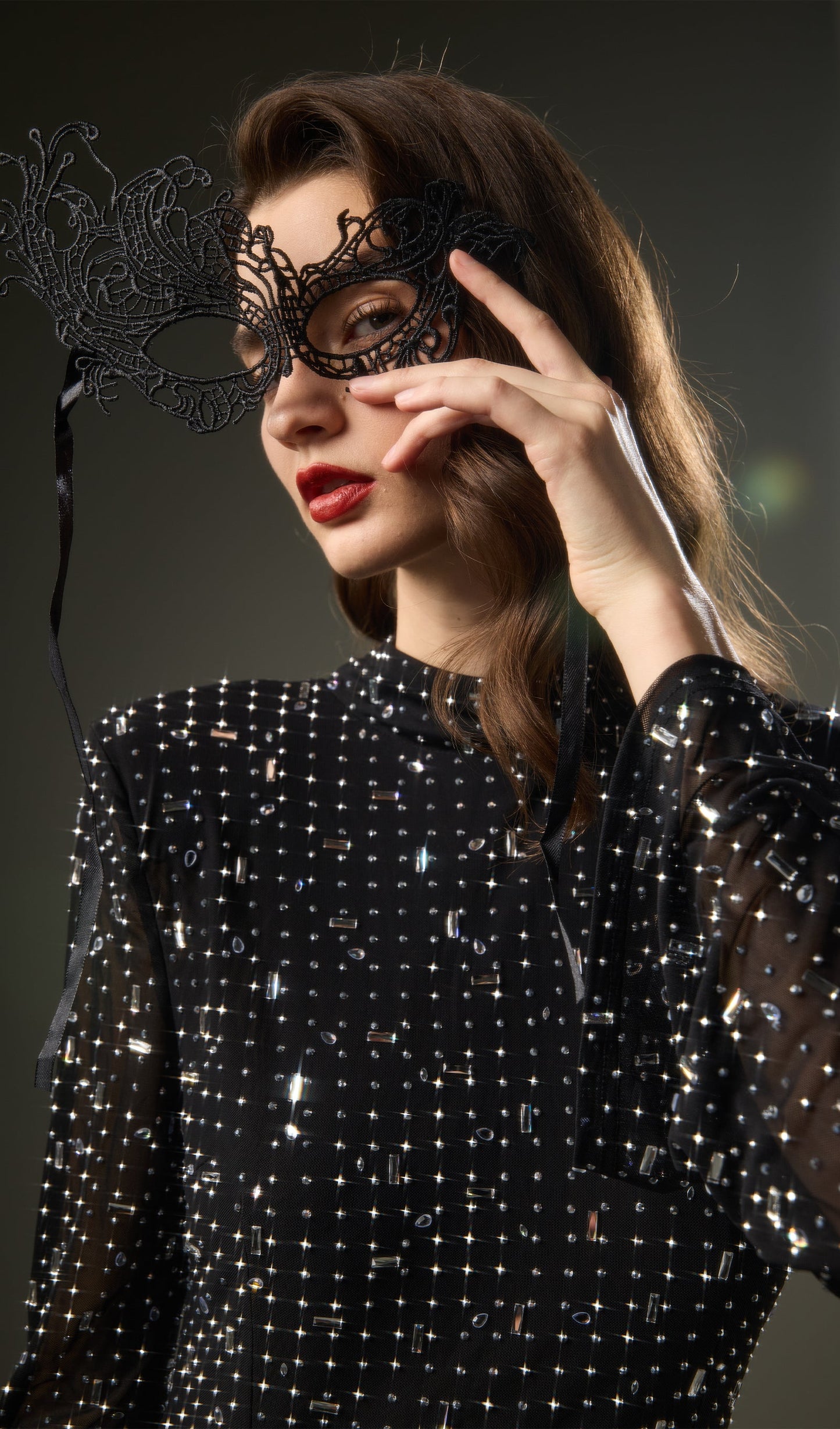 Rhinestone-Embellished Mesh Maxi Dress