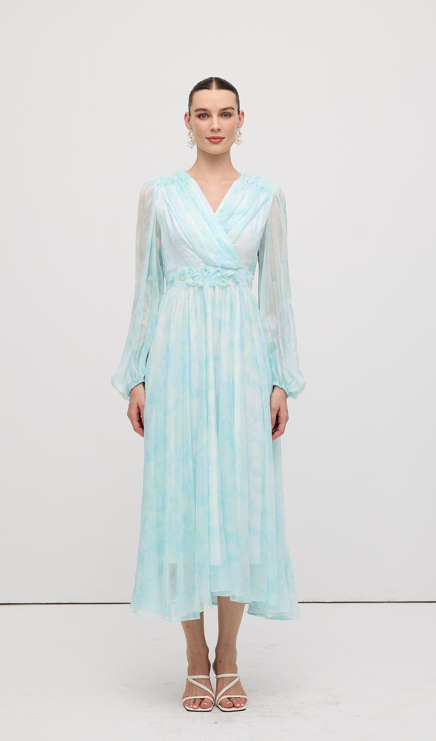 V Neck Ruched Waist Pleated Midi Dress