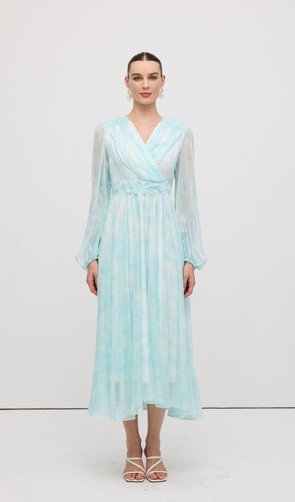 V Neck Ruched Waist Pleated Midi Dress