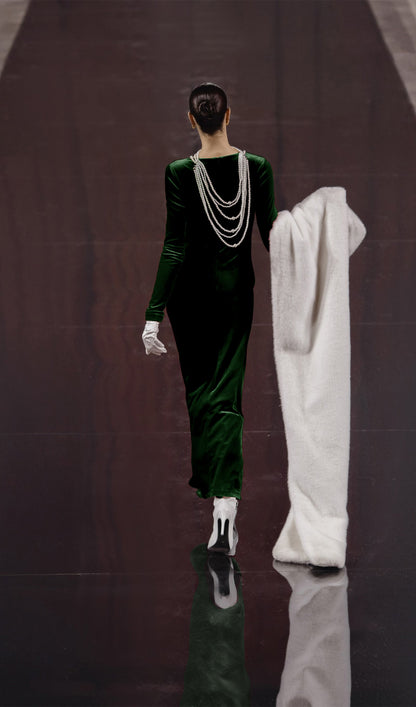 Long Sleeved Gathers  Maxi Dress Dark Green