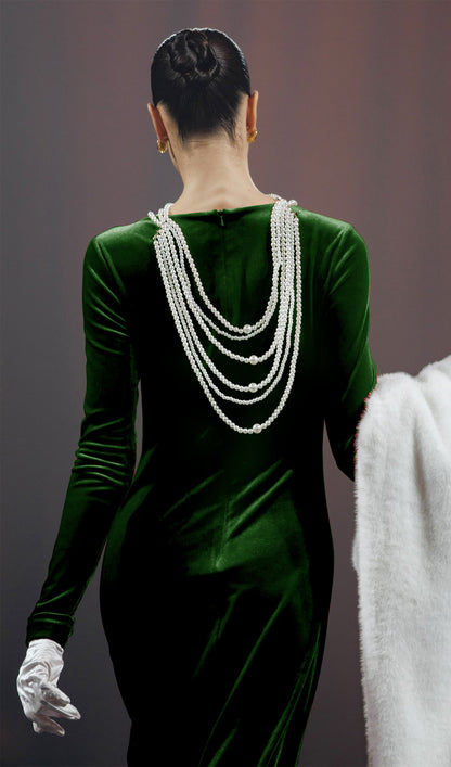 Long Sleeved Gathers  Maxi Dress Dark Green