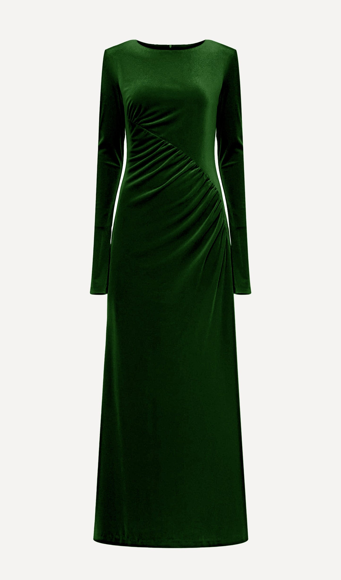 Long Sleeved Gathers  Maxi Dress In Dark Green