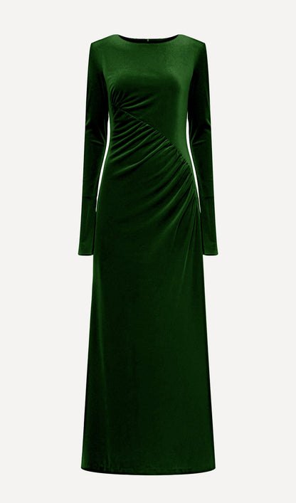 Long Sleeved Gathers  Maxi Dress In Dark Green