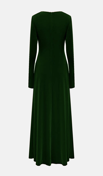 Long Sleeved Gathers  Maxi Dress In Dark Green