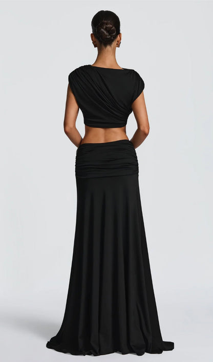 High Boat Neckline & Maxi Drape Skirt Set In Black