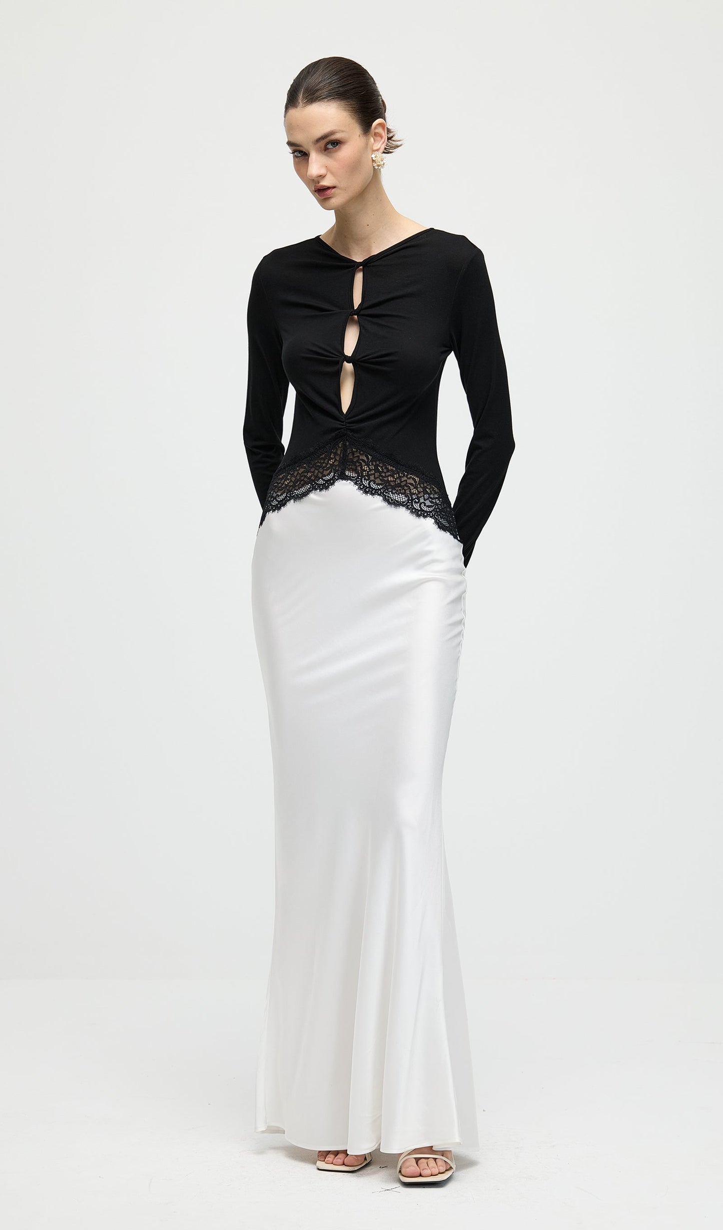 Open Twist Lace Maxi Dress In Black & White