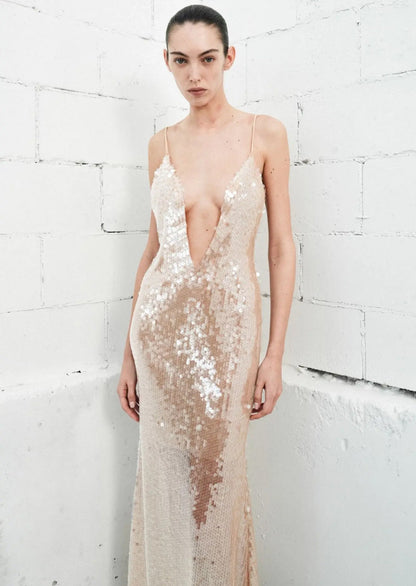 Elastic Mesh Sequin Deep V Neck Maxi Dress