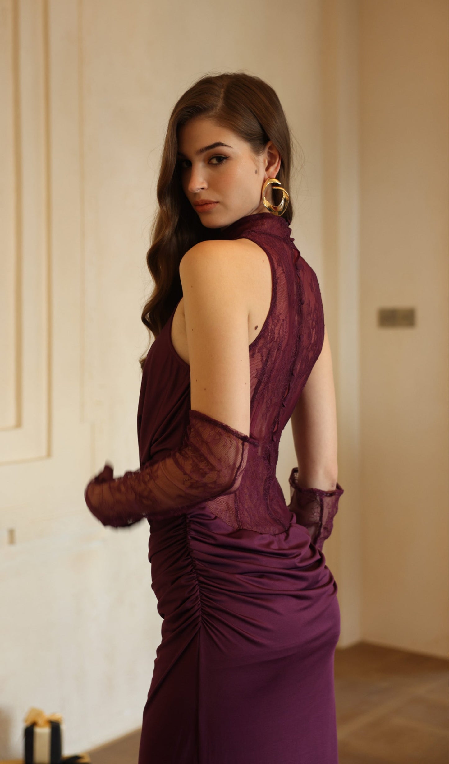 Lace Bodice Ruched Maxi Dress In Magenta