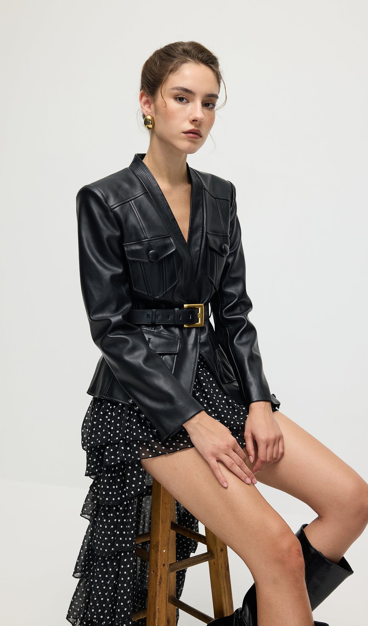 Button Belted Leather Jacket In Black