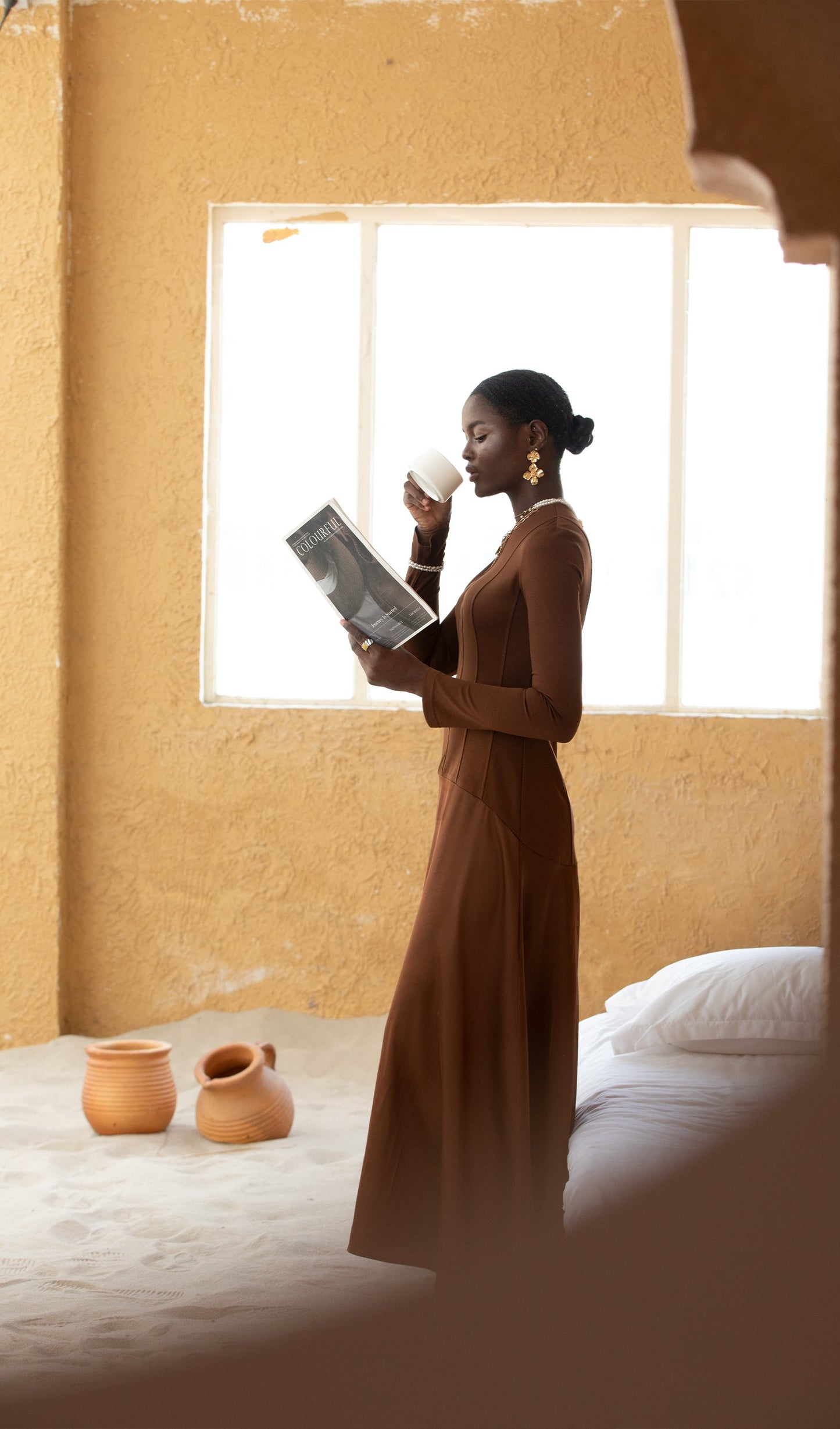 Trendy Knitted Satin Maxi Dress -Coffee