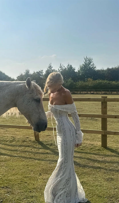 Vintage Floral Lace Off Shoulder Maxi Dress