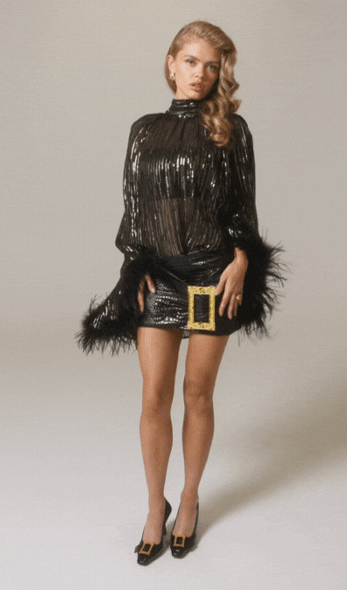 Feather Top & Leather Mini Skirt In Black