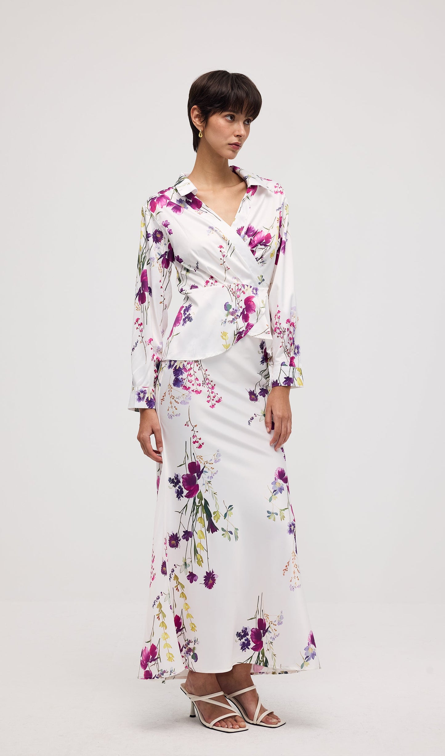 Floral Print Satin Maxi Skirt Two Piece Sets