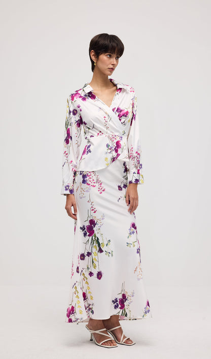 Floral Print Satin Maxi Skirt Two Piece Sets