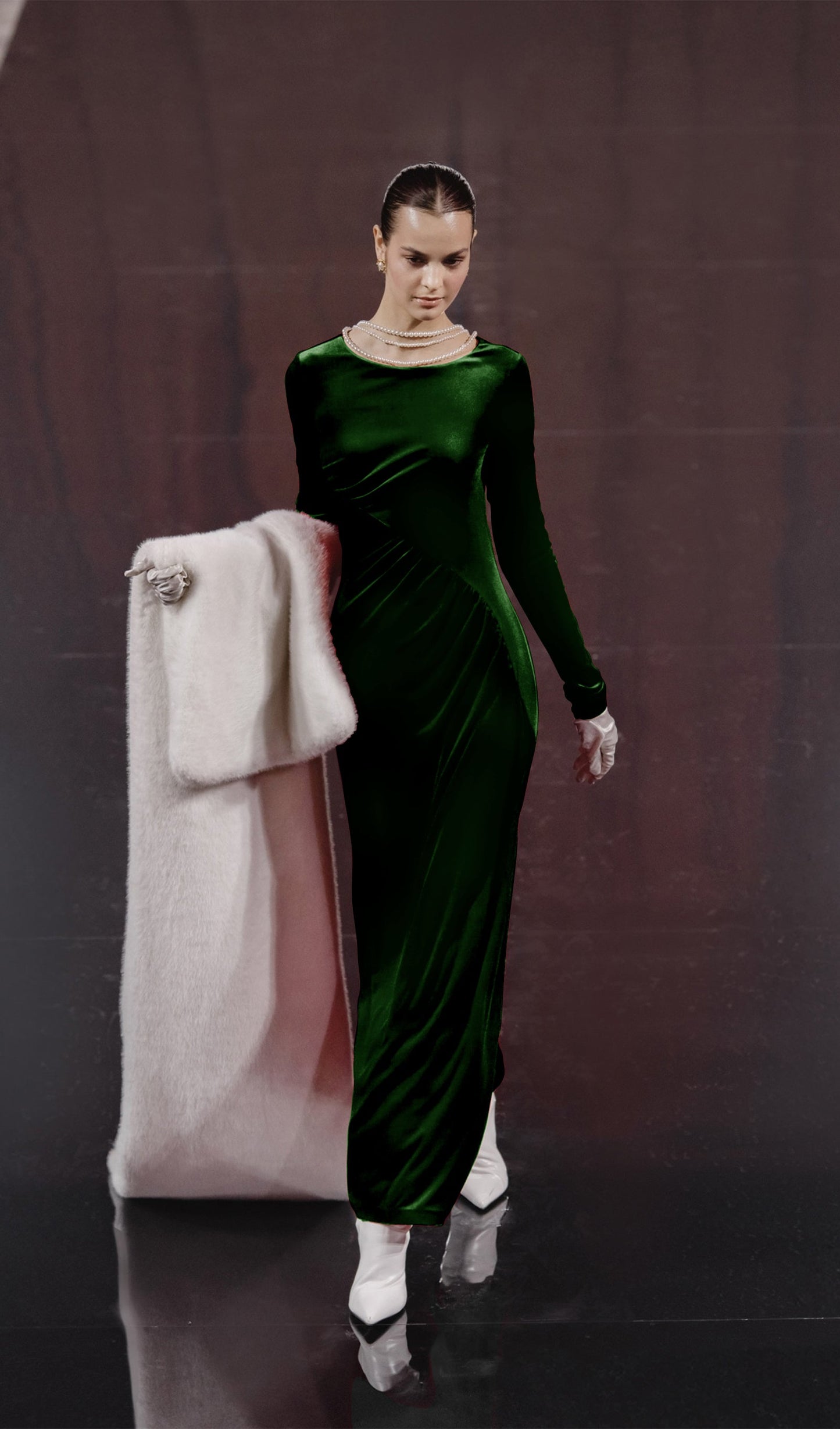Long Sleeved Gathers  Maxi Dress Dark Green