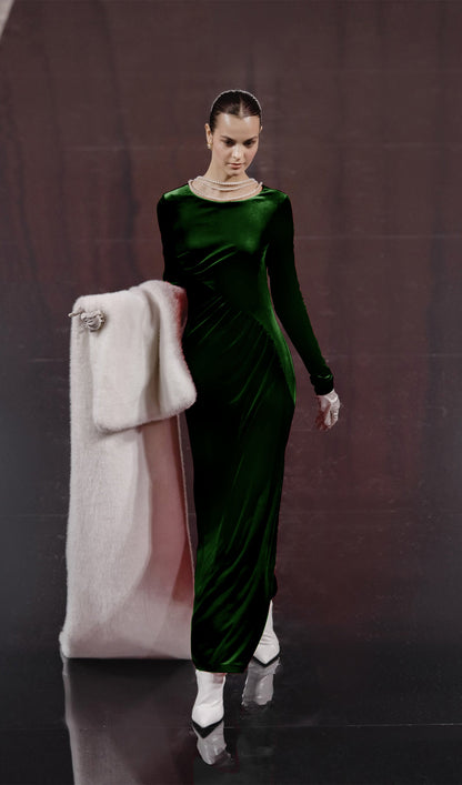 Long Sleeved Gathers  Maxi Dress Dark Green