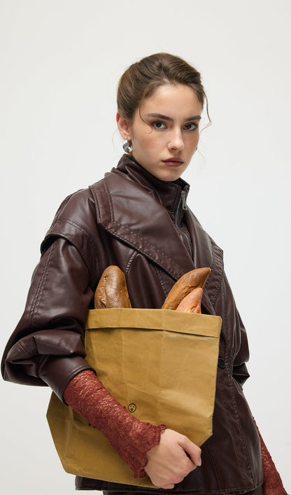 Waisted Lapel Leather Jacket In Brown
