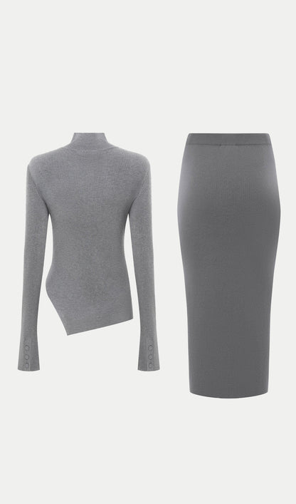 Asymmetrical Top & Maxi Skirt With Side Slit Set Grey