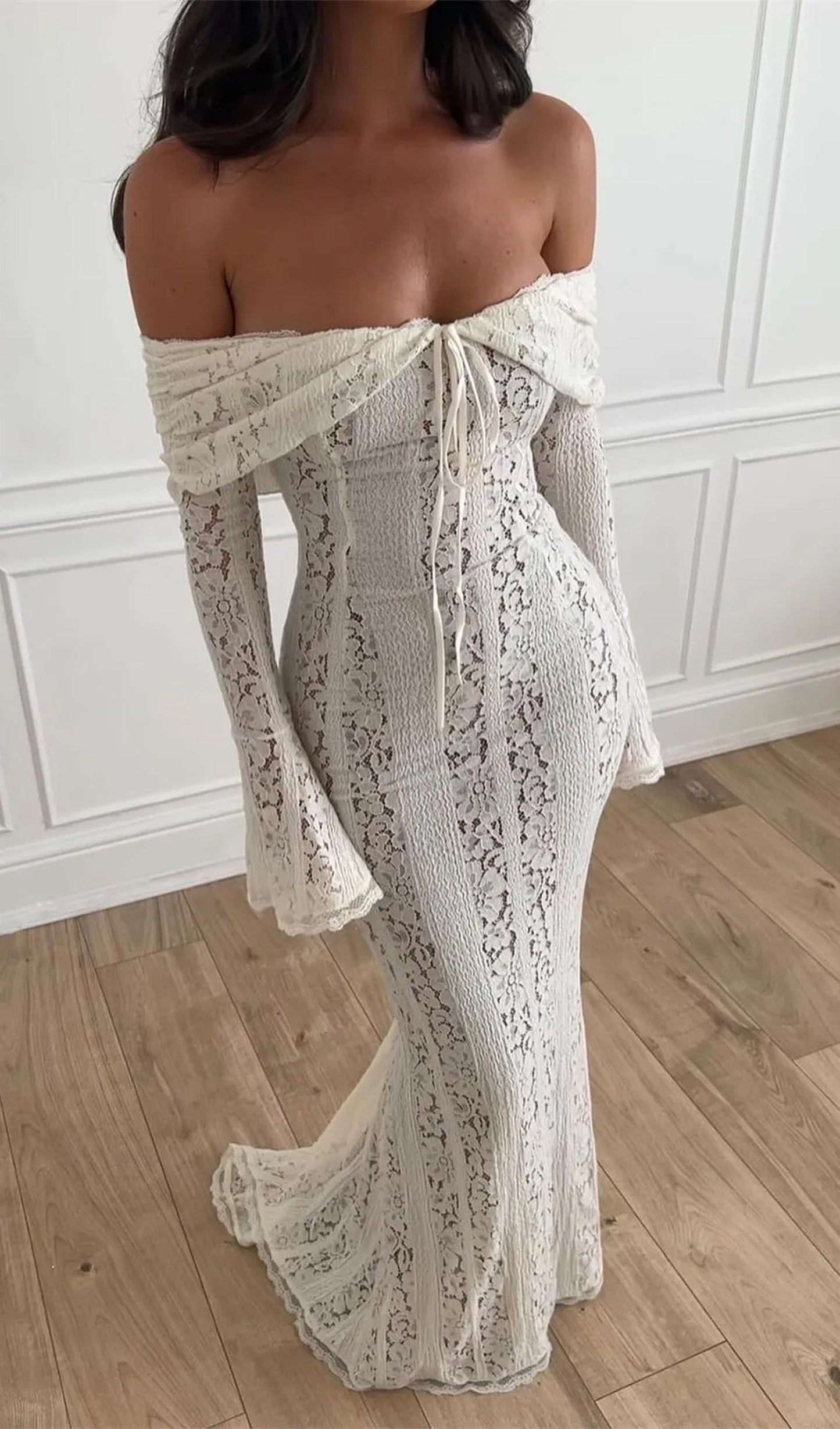 Vintage Floral Lace Off Shoulder Maxi Dress