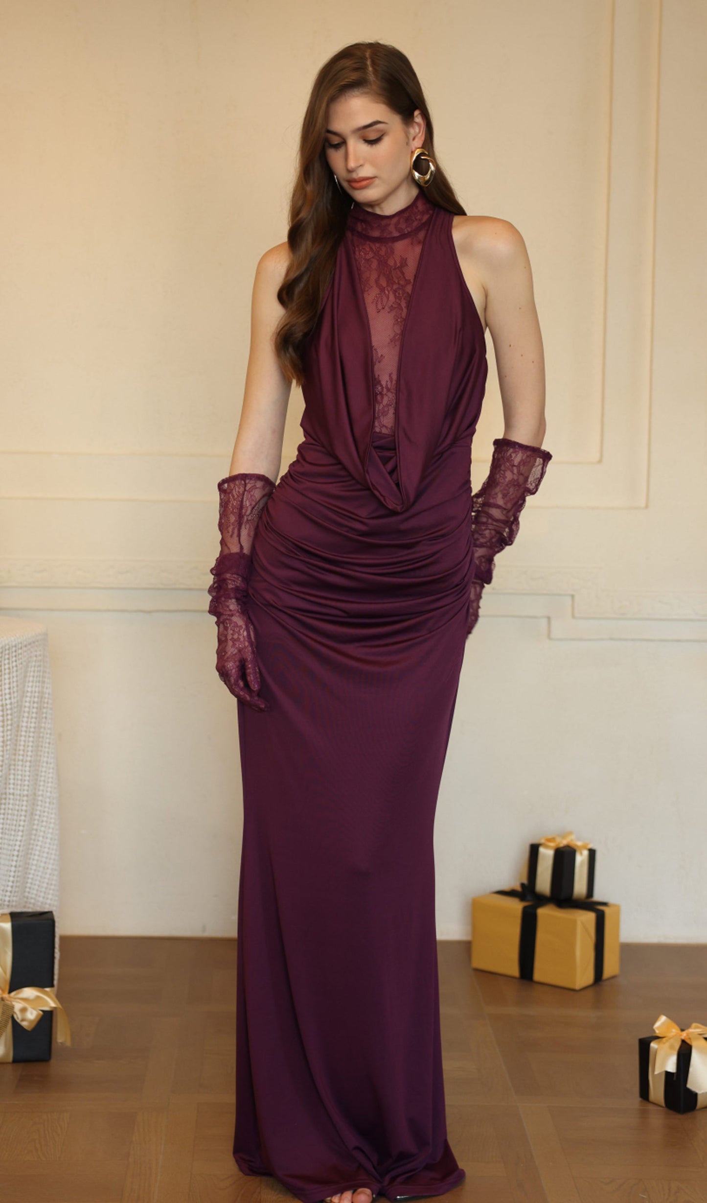 Lace Bodice Ruched Maxi Dress In Magenta