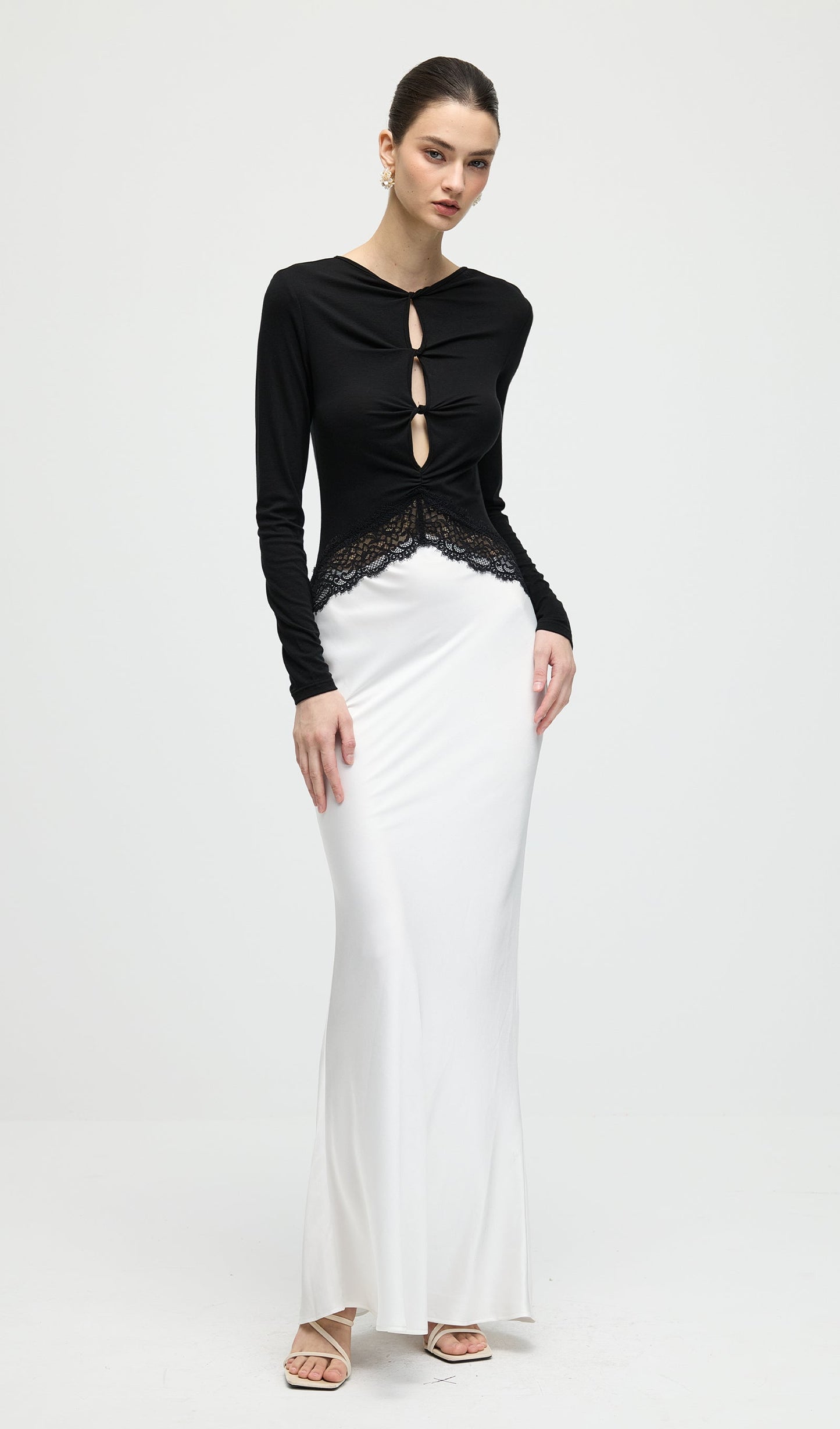 Open Twist Lace Maxi Dress In Black & White