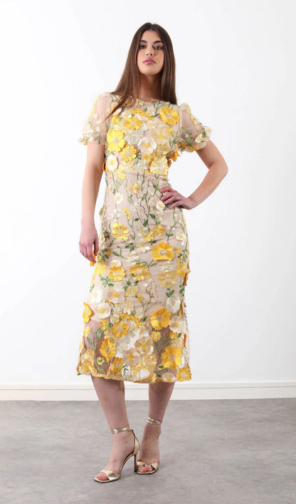 Floral 3D Lace Midi Dress In Yellow
